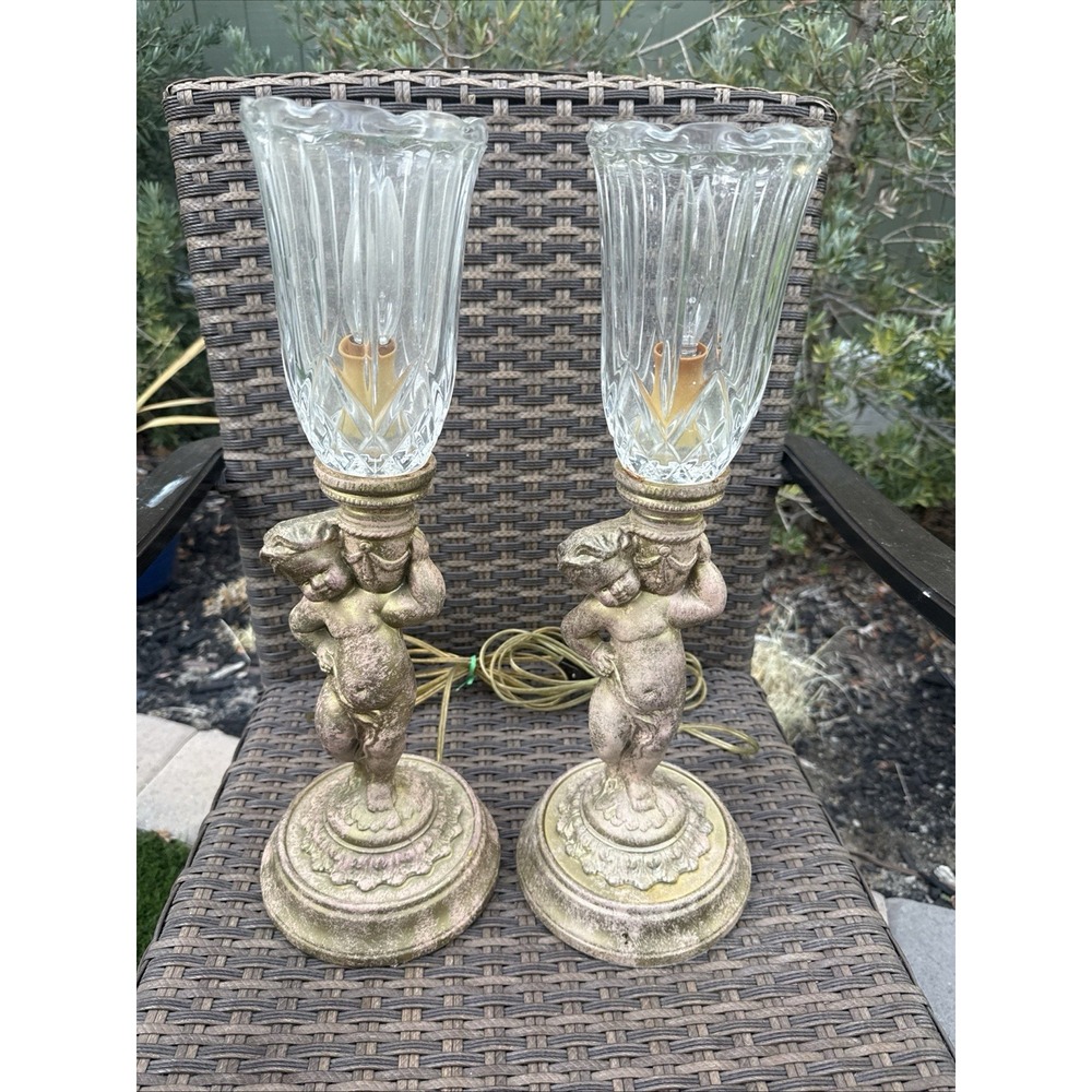 Pair Vintage Cherub Angel Table Lamps Gold Hollywood Regency Glass Shades